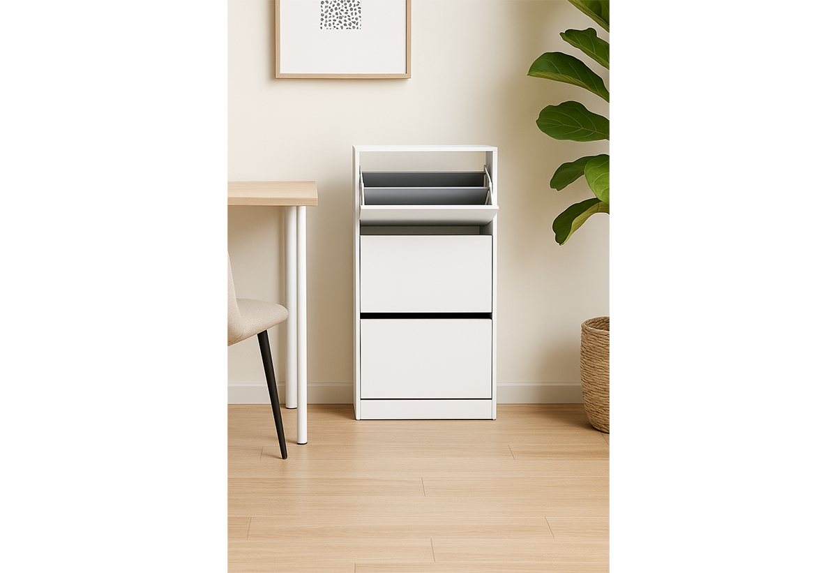 Απεικονίζεται η παπουτσοθήκη με το πάνω ράφι ανοιχτό σε δωμάτιο.